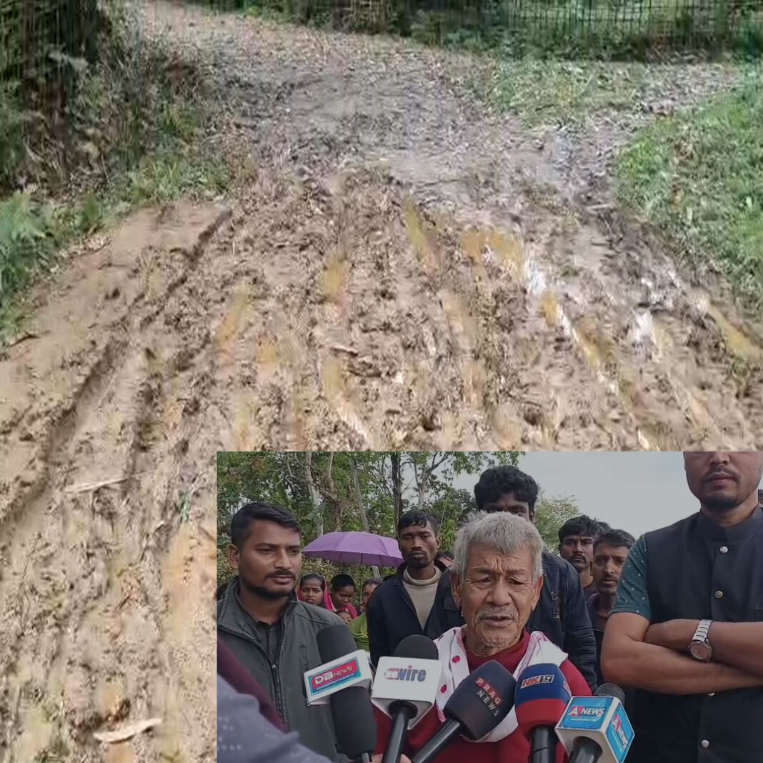 A narrow, muddy, and broken rural road in Langphai Ikrajan village, Sadiya, filled with deep potholes and water.